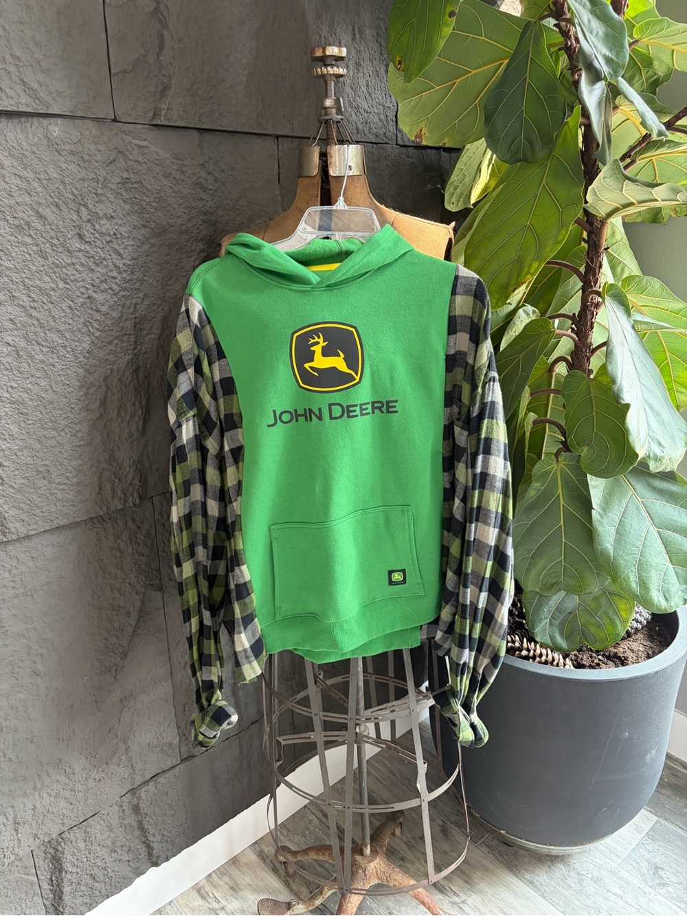 NOT PERFECT John Deere Green Hoodie with Black & Green Plaid Flannel Sleeves